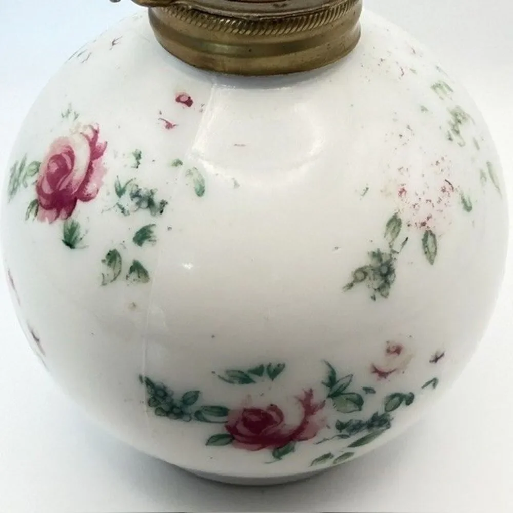 Antique Miniature GWTW Oil Lamp Base White Milk Glass Pink Roses 5 inch Japan